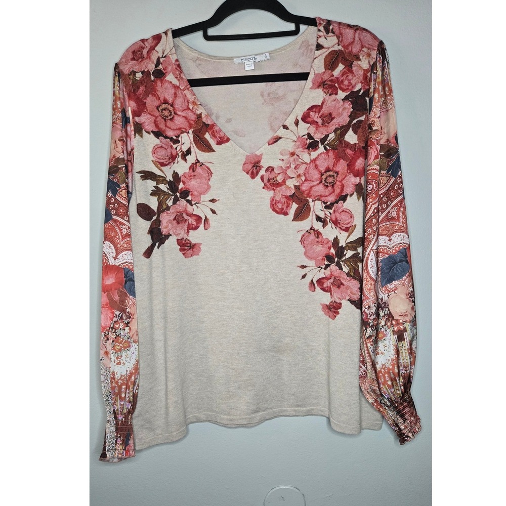 Chico's Floral‎ Mixed Print V-Neck Sweater Top Size 3 XL Boho Cottagecore